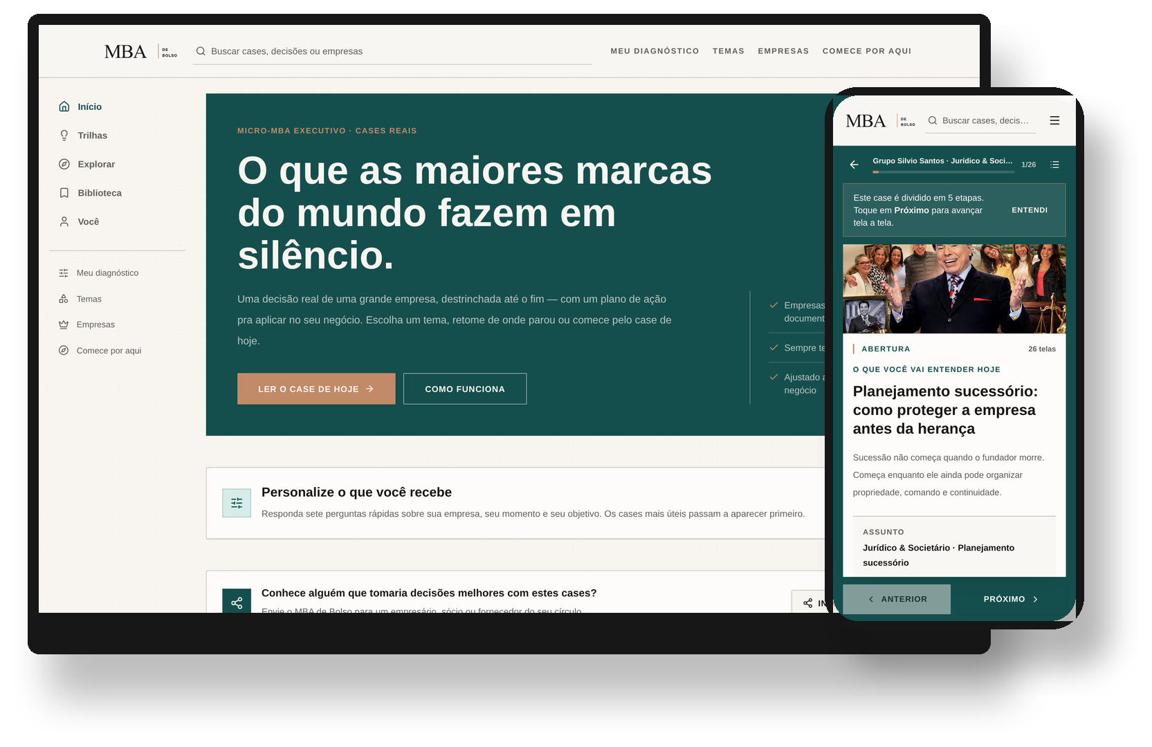 Plataforma MBA de Bolso aberta no computador e no celular